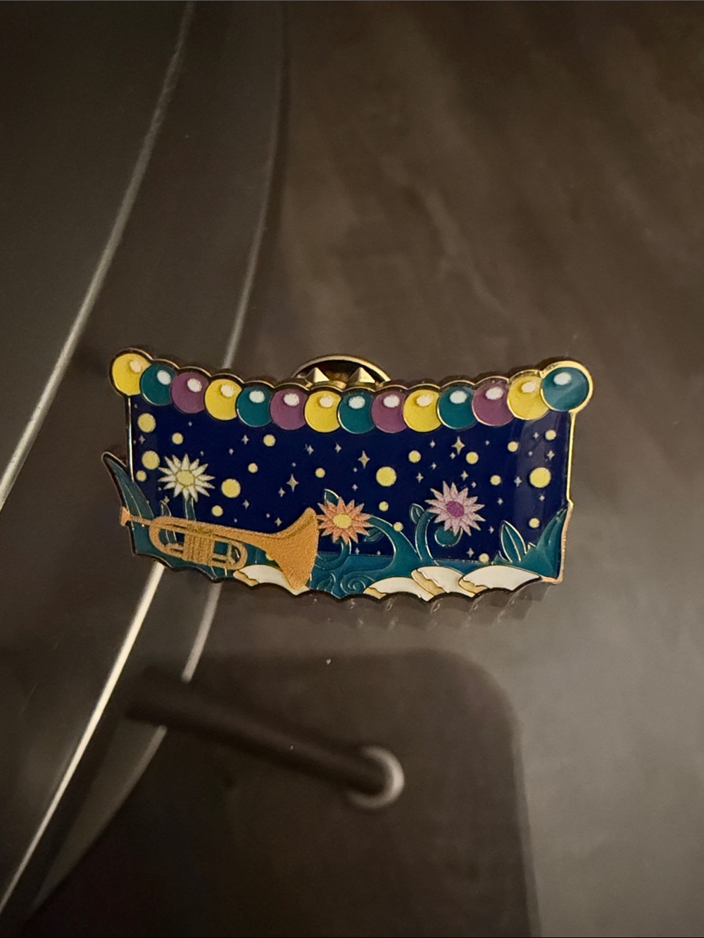 Loungefly Night Sky Floral Trumpet Enamel Pin in Navy, Gold, Teal, Pink, Yellow